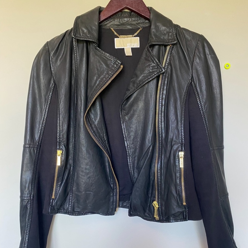 MICHAEL Michael Kors Black Leather Jacket with Gold Accents